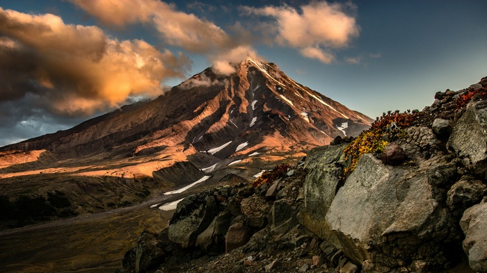 nature, rock, Russia, landscape, mountains, volcano, Photoshop, clouds