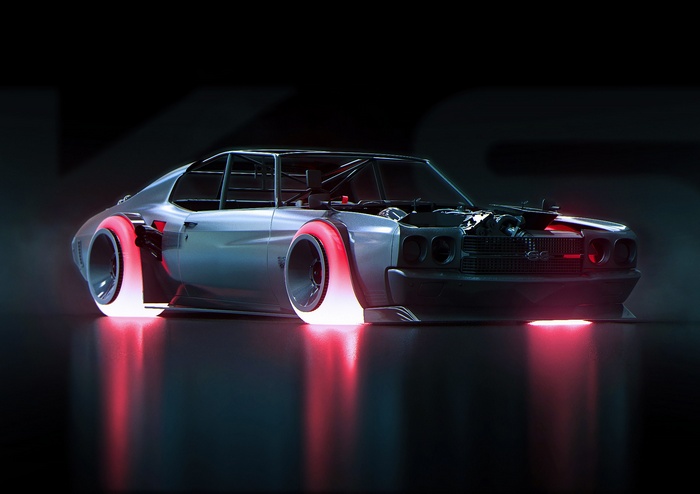 Futuristic silver muscle car with glowing red wheels
