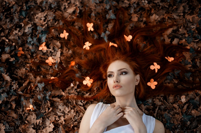 white clothing, juicy lips, women outdoors, eyeshadow, women, brown eyes, redhead, Alessandro Di Cicco, top view, fall, looking away, lying on back, Valentina Galassi, face, leaves