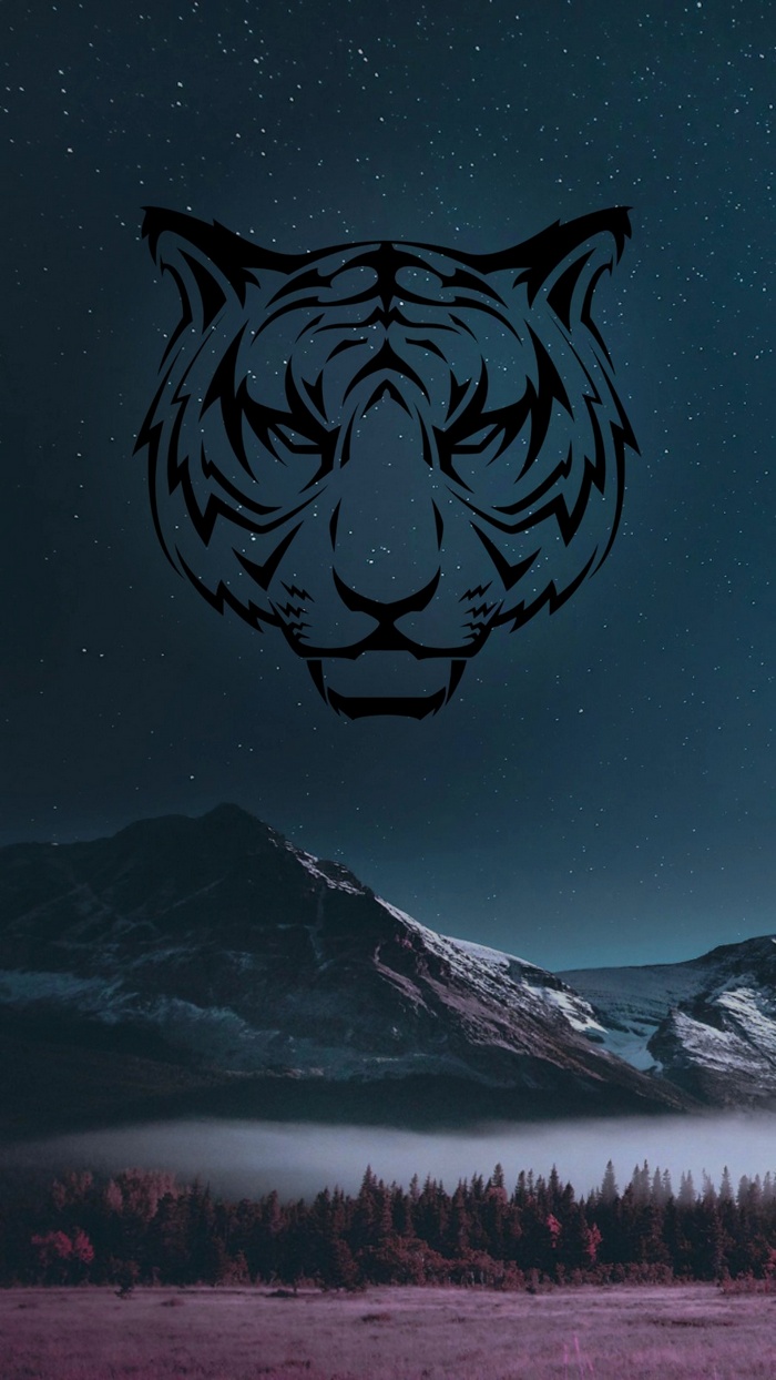 Tiger face silhouette over starry sky and mountains