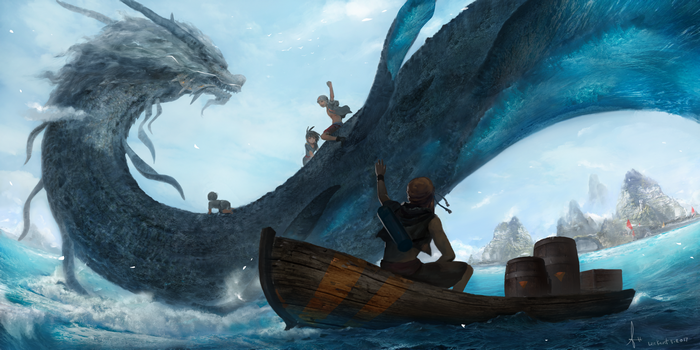 Dragon and people on a boat in the ocean