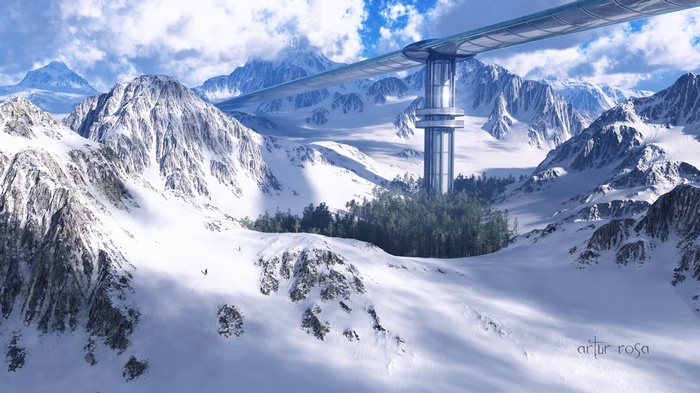 Futuristic bridge over snowy mountains with forest