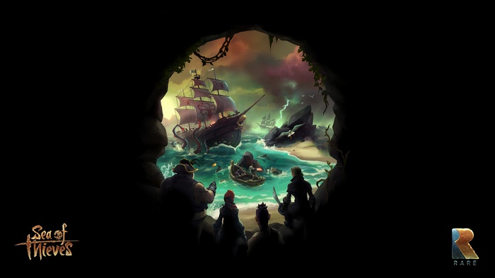 Sea of Thieves pirates looking at ships and a kraken