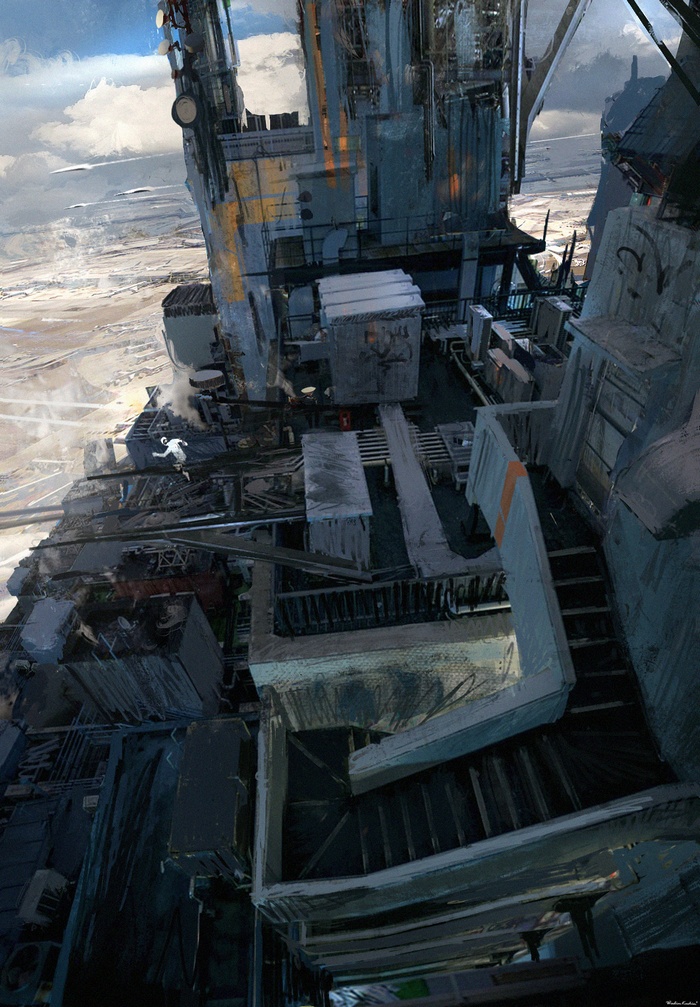 A lone figure on a futuristic industrial structure