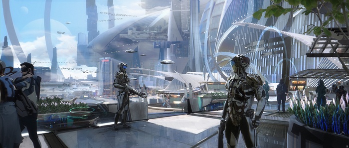 Futuristic Cityscape with Soldiers and Flying Vehicles