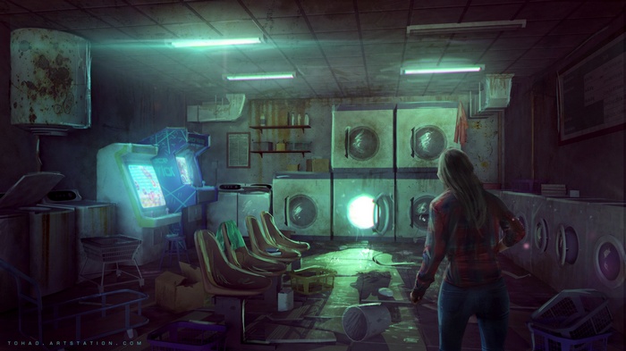 Woman in a dilapidated laundromat with arcade machines