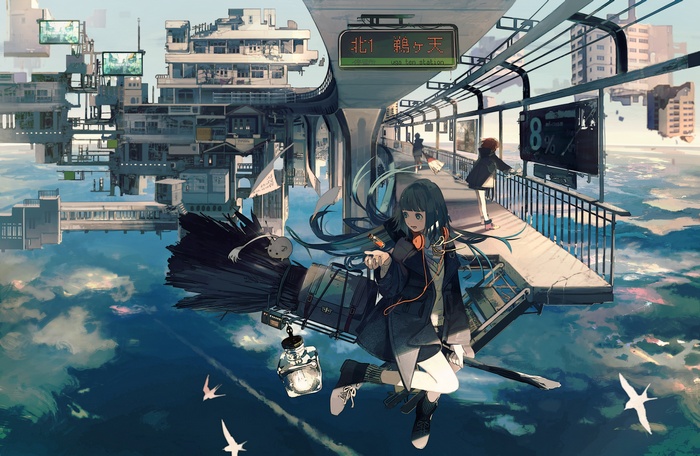 Girl with broomstick at floating train station