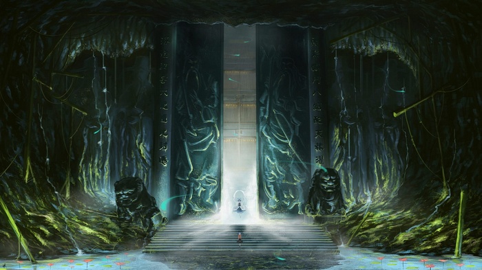 Ancient temple entrance with statues and a figure