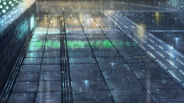 Rainy City Sidewalk with Green Reflections