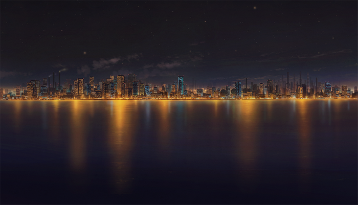Cityscape at night with water reflections