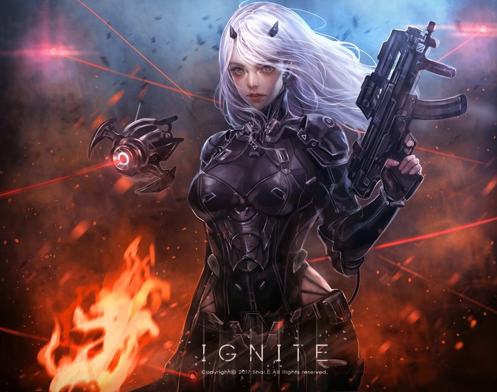 Woman in armor with gun and drone