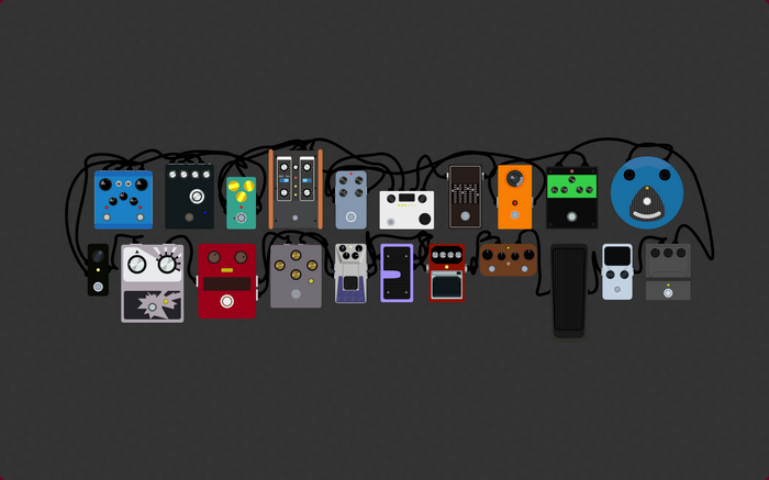 Guitar pedalboard with various effects pedals and cables