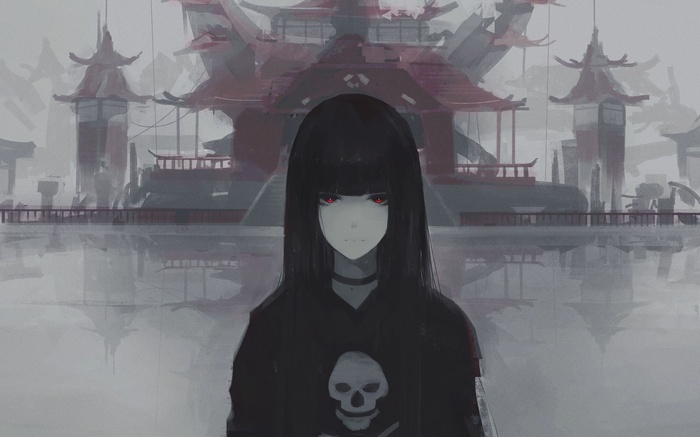 Girl with black hair and red eyes in front of Japanese architecture