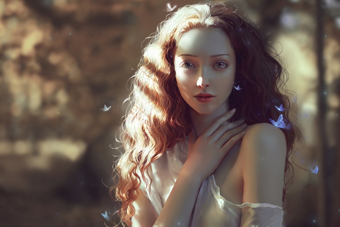 digital art, realistic, sensual gaze, butterfly, 2D, women, face, artwork