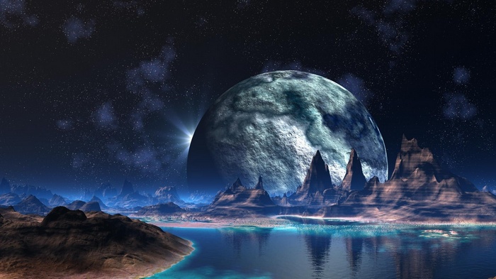 Alien world with a large moon and mountains
