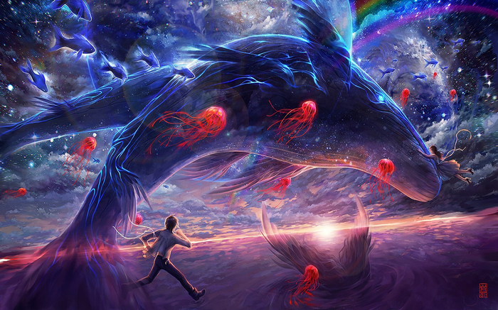 Fantasy art of a whale in space with jellyfish and a rainbow