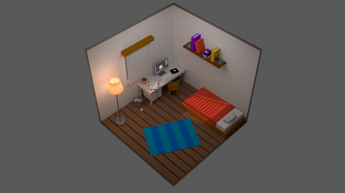 Isometric room with desk, bed, and lamp