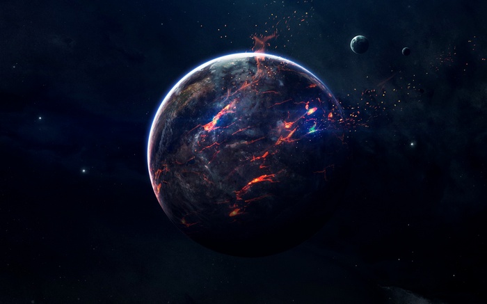 Abstract planet with lava and moons in space
