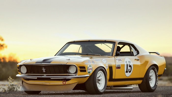 Yellow Ford Mustang Boss 302 race car