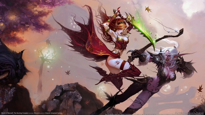 Two female elves fighting in World of Warcraft