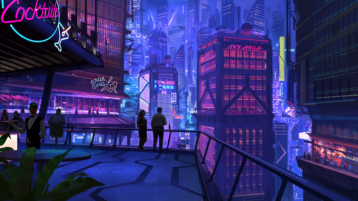 Cyberpunk cityscape with neon signs and skyscrapers