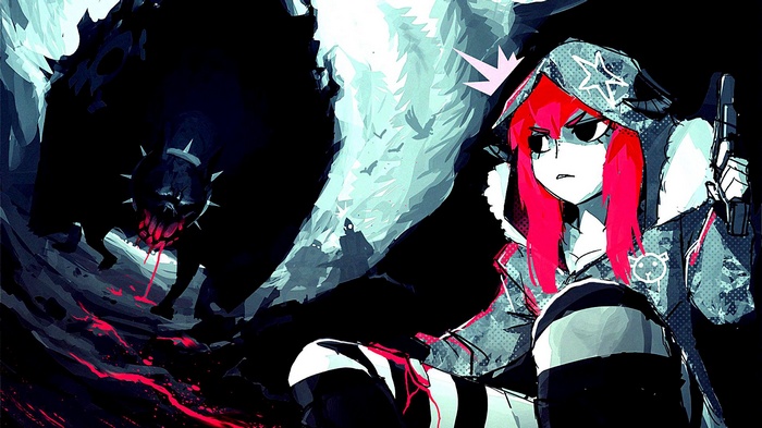 Girl with red hair and a gun in a dark forest