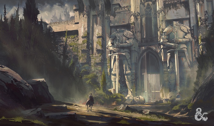 Fantasy art of a knight on horseback approaching giant statues