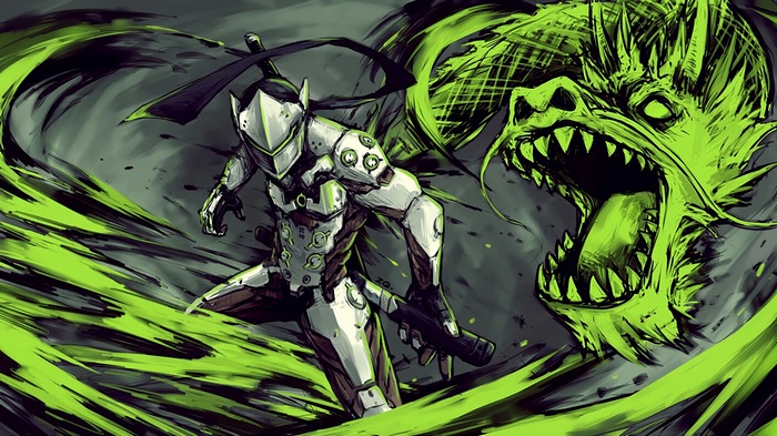 Genji from Overwatch with a neon green dragon