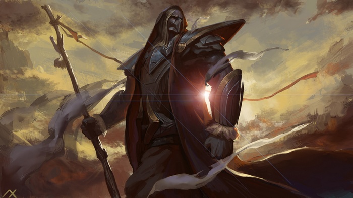 Fantasy warrior with staff and armor