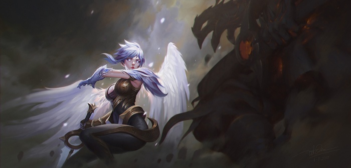 Angel warrior facing a dragon in fantasy art