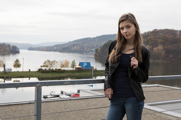 leather jackets, water, jacket, looking at viewer, straight hair, long hair, women outdoors, women, model, Mila Azul
