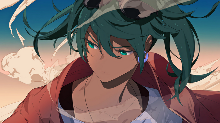 Anime girl with green hair and red jacket