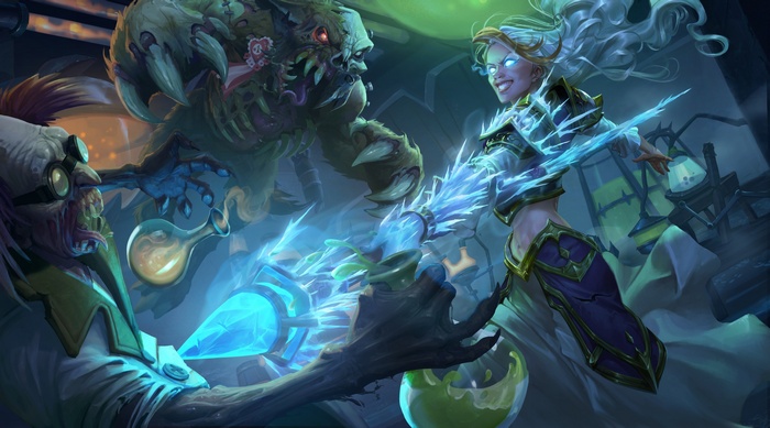 Jaina Proudmoore from Hearthstone: Heroes of Warcraft fighting a monster