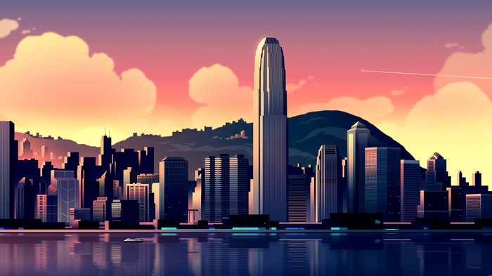 Digital art cityscape at sunset with mountains and water
