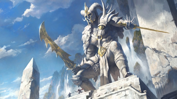 Giant warrior statue with swords and small fighters