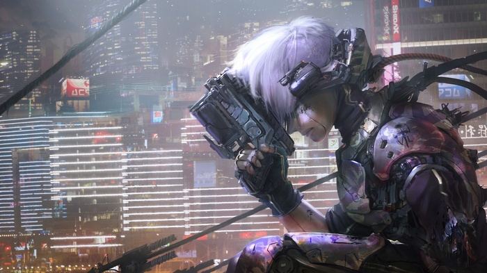 Cyberpunk character with a gun in a futuristic city
