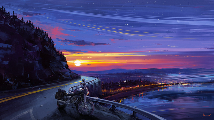 Motorcycle parked on cliffside road at sunset