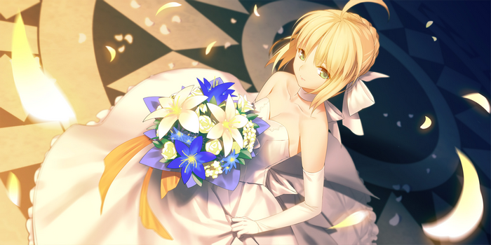 Saber from Fate/Stay Night in a wedding dress holding flowers