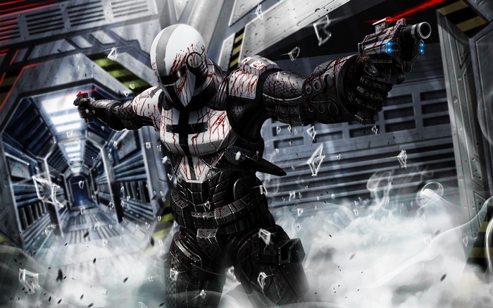 Futuristic soldier with blood-splattered armor holding a gun