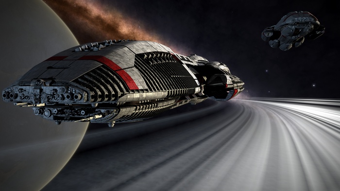 Battlestar Galactica ships near a ringed planet