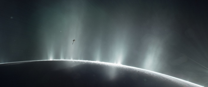 Space probe flying through plumes of Enceladus