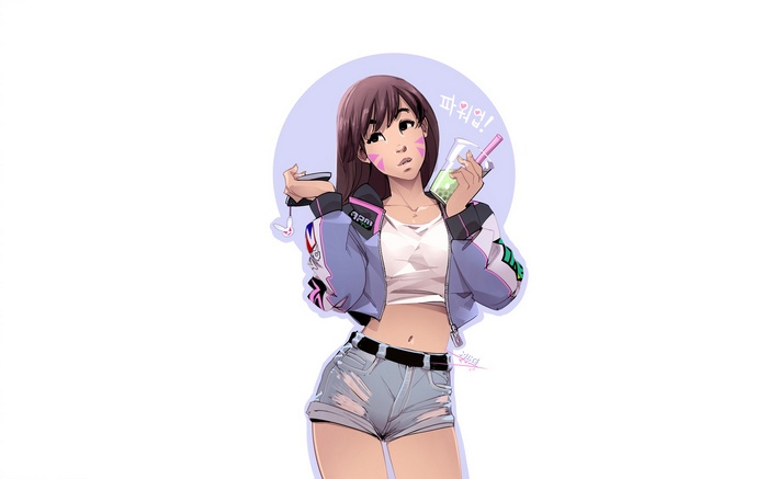 D.Va from Overwatch holding a drink and phone