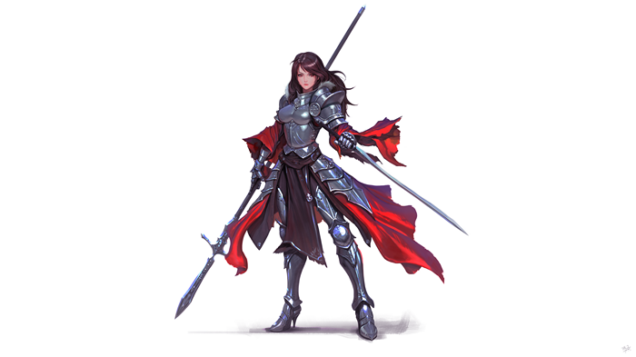 Woman in armor with spear and sword on white background