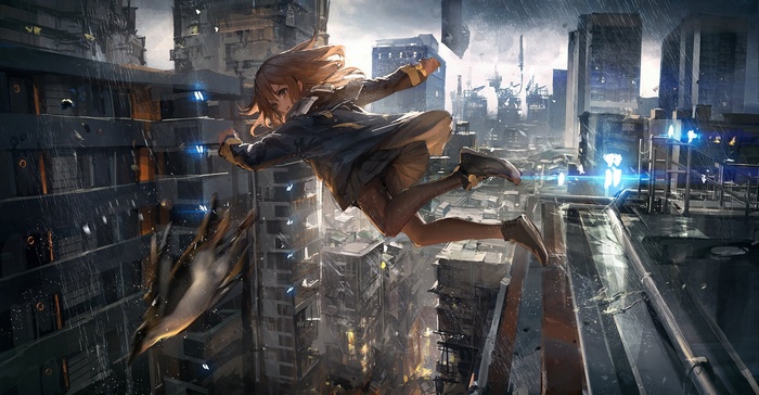Girl jumping between buildings in the rain