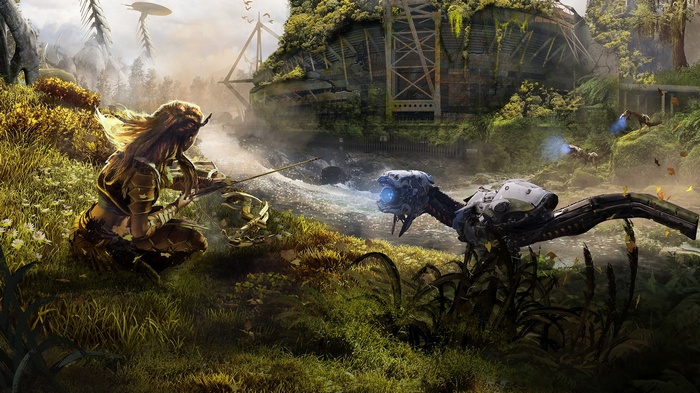Aloy from Horizon: Zero Dawn with a machine