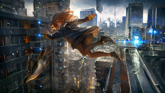 Anime girl jumping in a rainy futuristic city