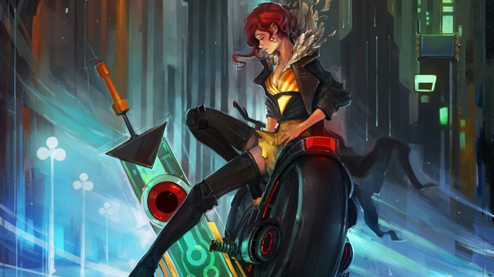 Redhead woman with sword on futuristic motorcycle