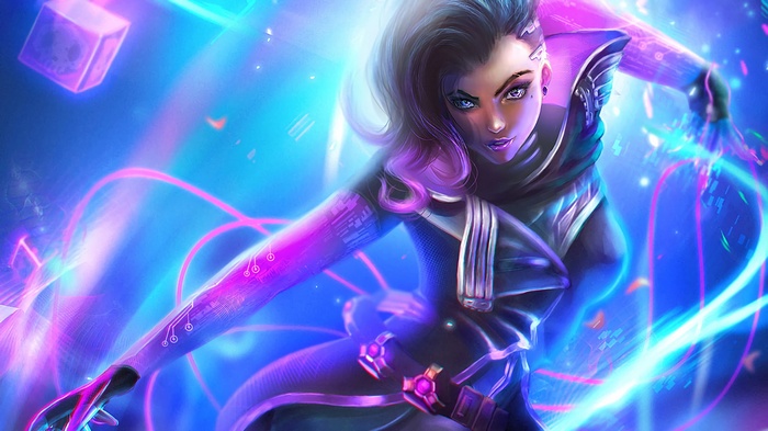 Sombra from Overwatch in a neon-lit digital world