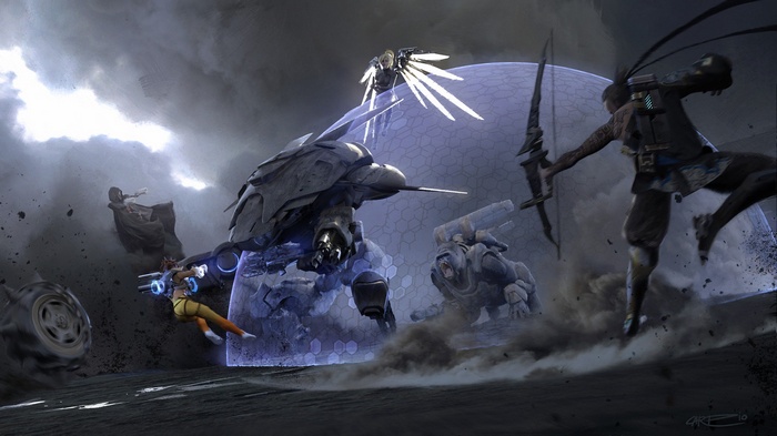 Tracer and other characters in battle from Overwatch
