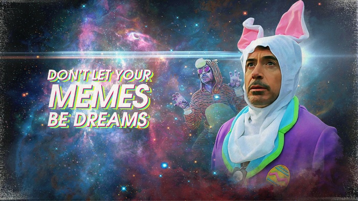 Robert Downey Jr. in a bunny costume with memes in space
